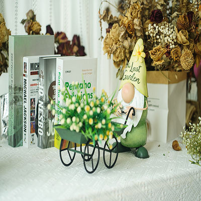Recycled Small Metal Garden Ornaments Gnome Pushing The Cart With Planter