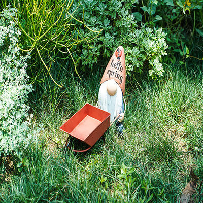 Recycled Small Metal Garden Ornaments Gnome Pushing The Cart With Planter